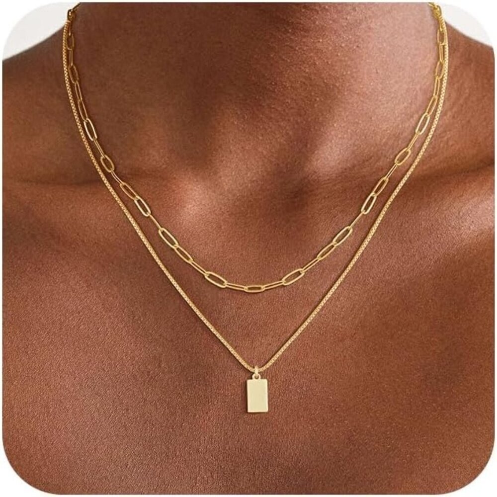 🆕14K Gold Plated Layered Necklace Women Men Sweatproof Chunky Herringbone Chain